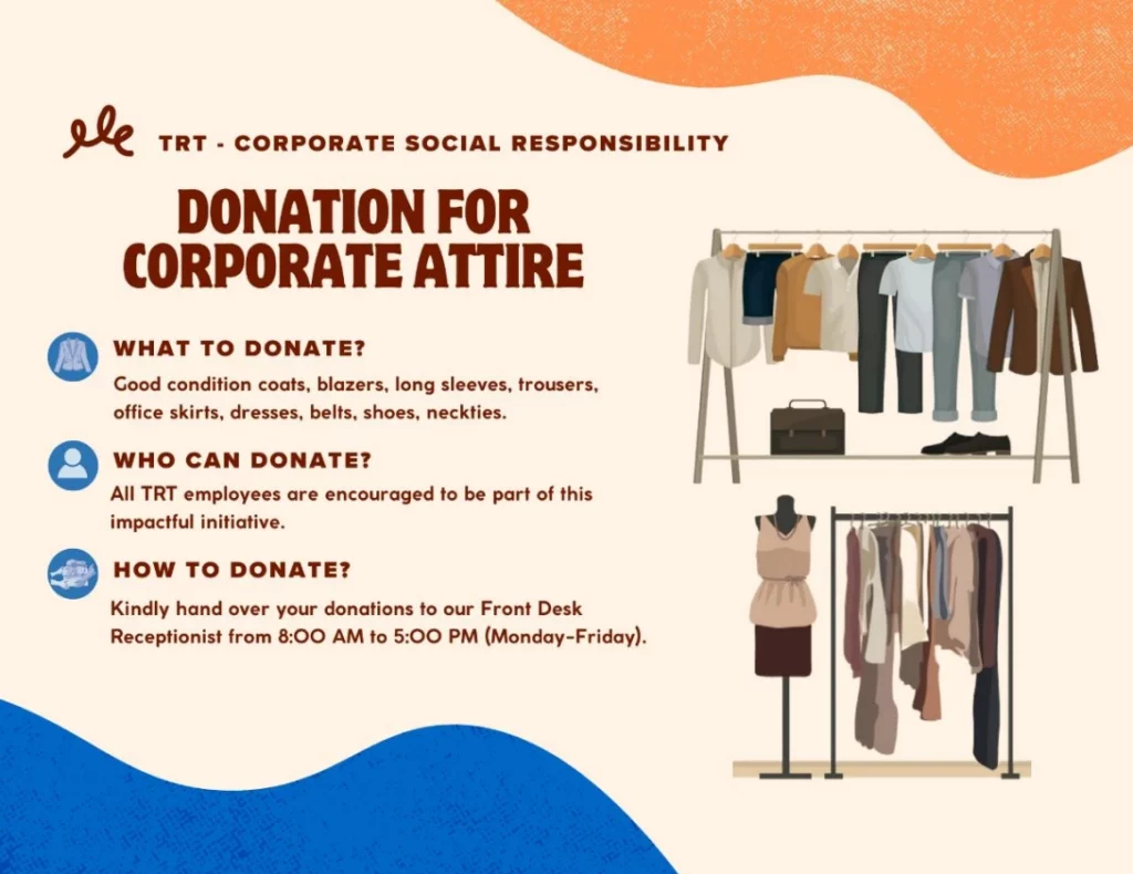 Illustration promoting TRT officers' corporate attire donations for corporate responsibility initiatives.